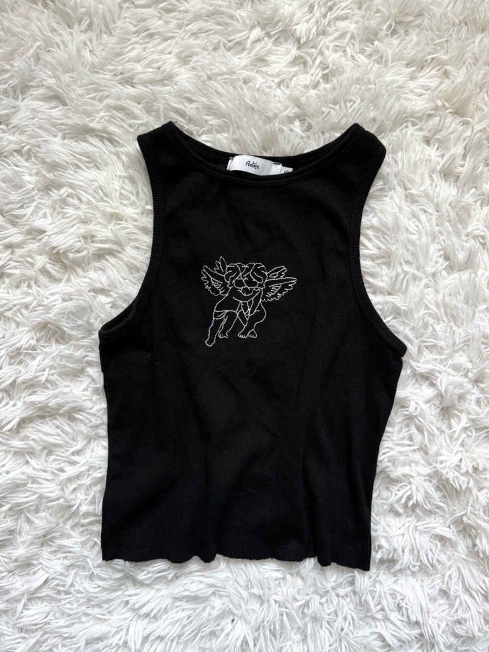 Adika Black Ribbed Crop Tank with Cherub Embroidery